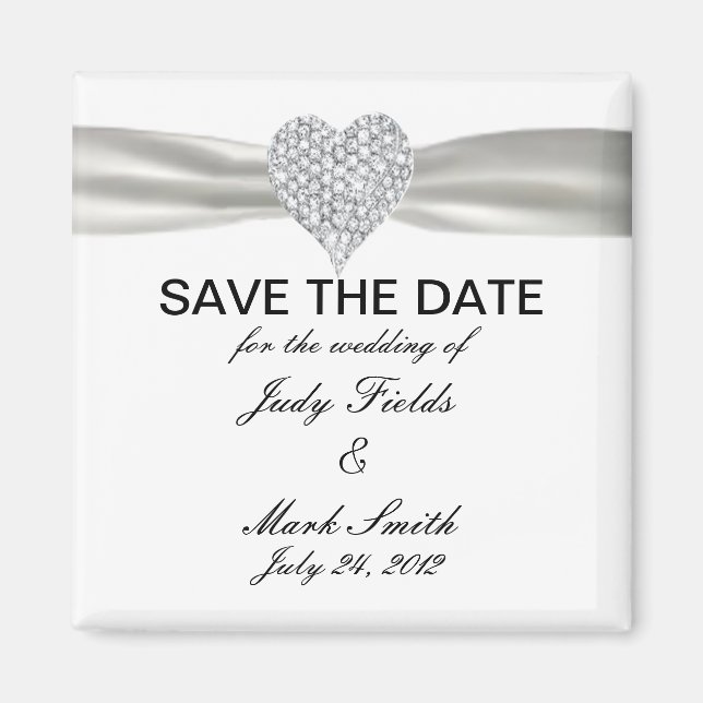 Diamond Heart White Wedding Save The Date Magnet (Front)