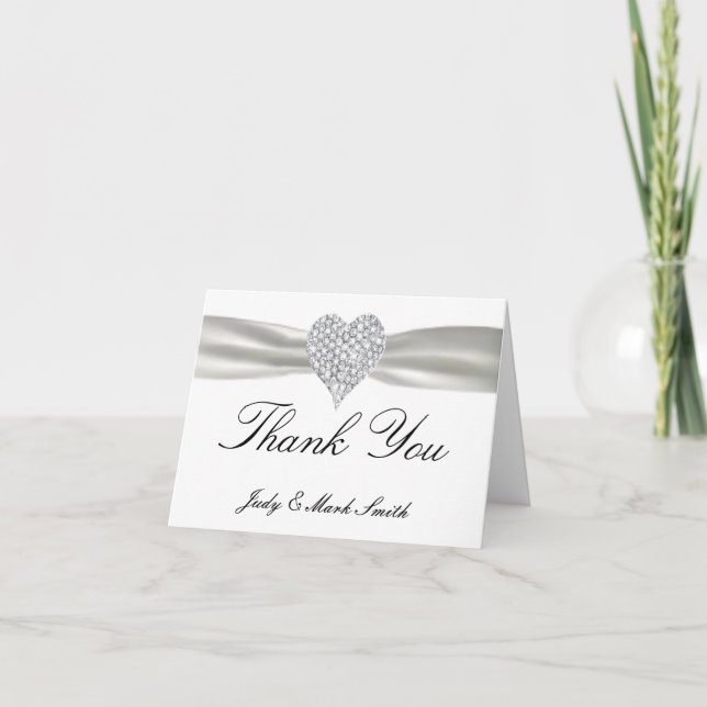 Diamond Heart White Wedding Thank You Card (Front)