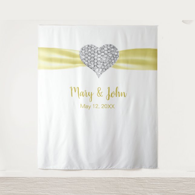 Diamond Heart Yellow Ribbon Wedding Backdrop Tapestry (Front)