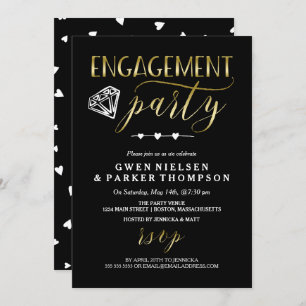 Diamond & Hearts   Black & Gold Engagement Party Invitation