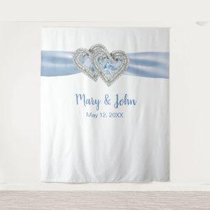 Diamond Hearts Blue Ribbon Wedding Backdrop Tapestry