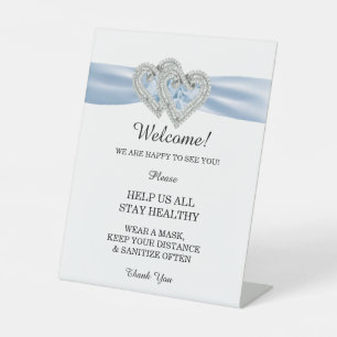 Diamond Hearts Blue Ribbon Wedding Safety  Pedestal Sign