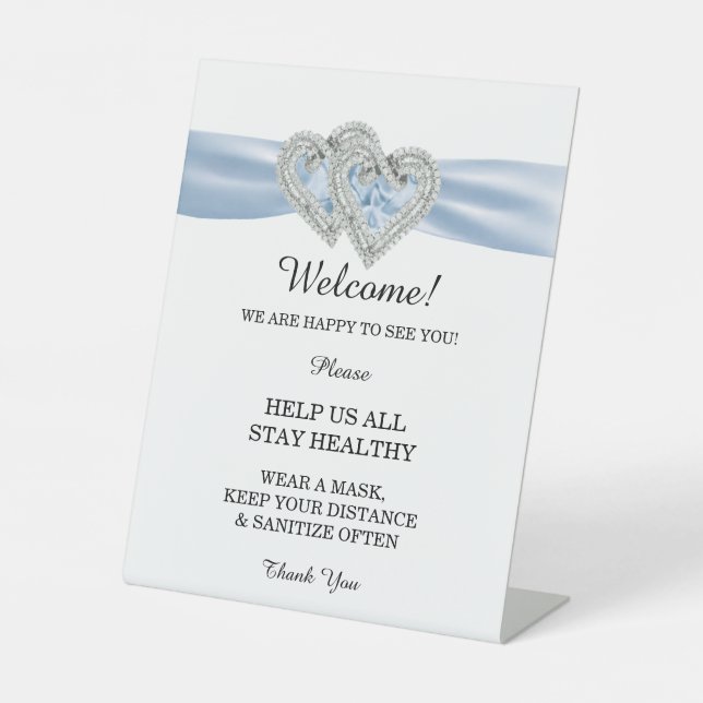 Diamond Hearts Blue Ribbon Wedding Safety  Pedestal Sign (Front)