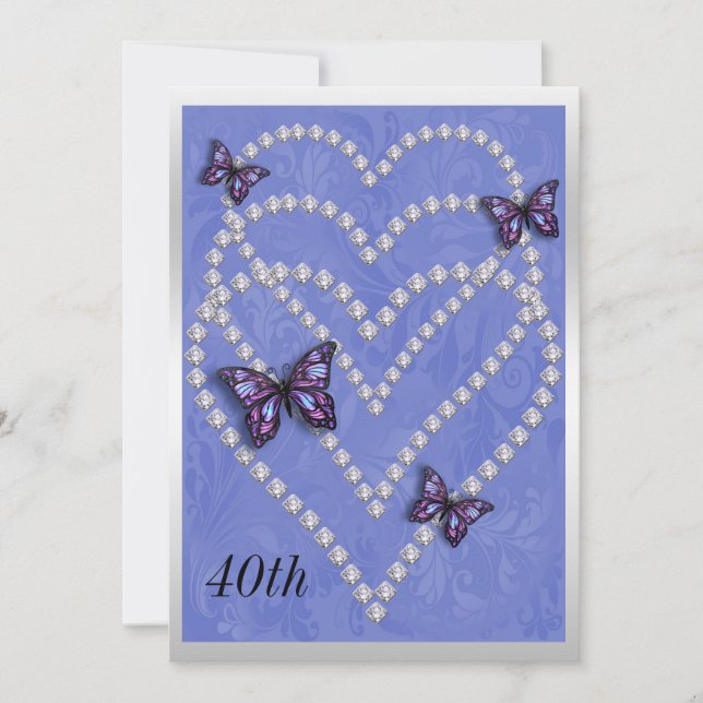 Diamond Hearts & Butterflies 40th Birthday Invitation (Front)