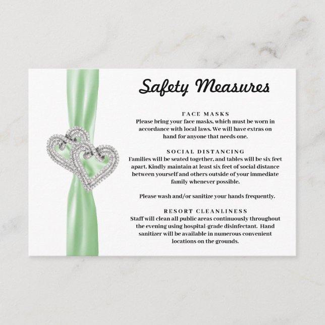 Diamond Hearts Green Ribbon Safety Measures Enclosure Card (Front)