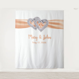 Diamond Hearts Orange Ribbon Wedding Backdrop Tapestry