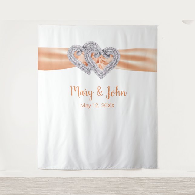 Diamond Hearts Orange Ribbon Wedding Backdrop Tapestry (Front)