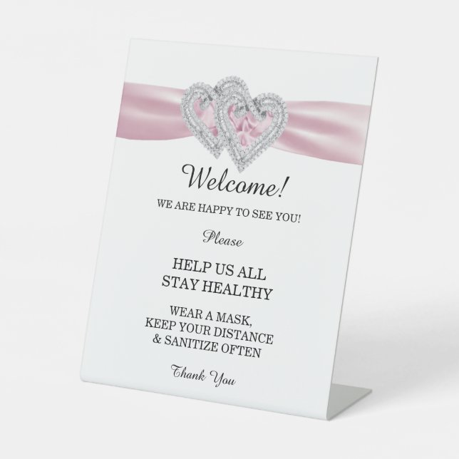Diamond Hearts Pink Ribbon Wedding Safety Pedestal Sign (Front)