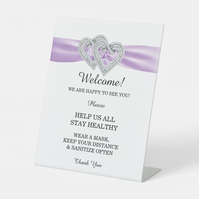 Diamond Hearts Purple Ribbon Wedding Safety  Pedestal Sign (Front)