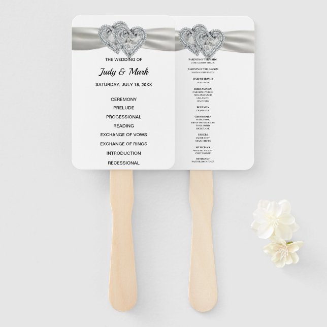 Diamond Hearts White Wedding Program Fans (Front and Back)