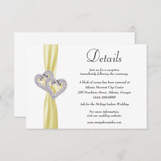 Diamond Hearts Yellow Ribbon Wedding Details Enclosure Card (Front/Back)