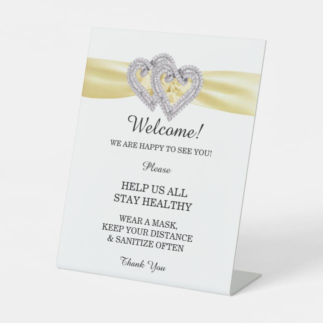 Diamond Hearts Yellow Ribbon Wedding Safety  Pedestal Sign (Front)