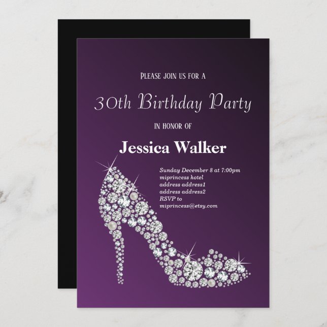 diamond high heels purple elegant birthday party invitation (Front/Back)
