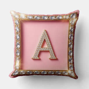 Diamond Initial A Gold Frame Pink Glitter Monogram Cushion