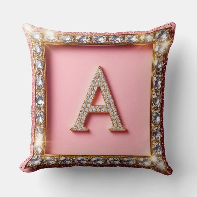 Diamond Initial A Gold Frame Pink Glitter Monogram Cushion (Front)
