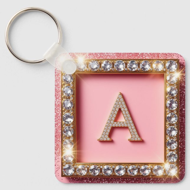 Diamond Initial A Gold Frame Pink Glitter Monogram Key Ring (Front)
