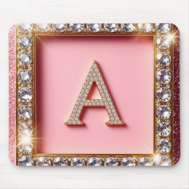 Diamond Initial A Gold Frame Pink Glitter Monogram Mouse Pad (Front)