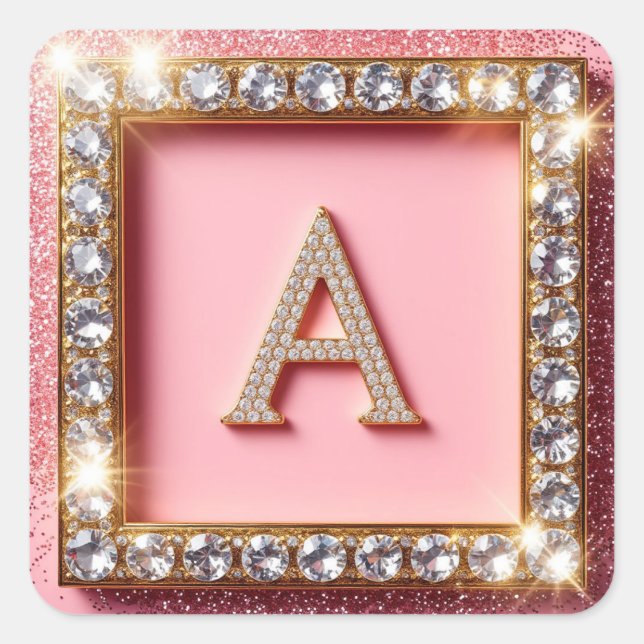 Diamond Initial A Gold Frame Pink Glitter Monogram Square Sticker (Front)