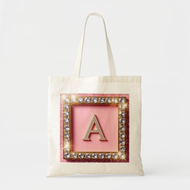 Diamond Initial A Gold Frame Pink Glitter Monogram Tote Bag (Front)