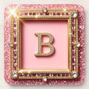 Diamond Initial B Pink Glitter Gold Frame Monogram Coaster