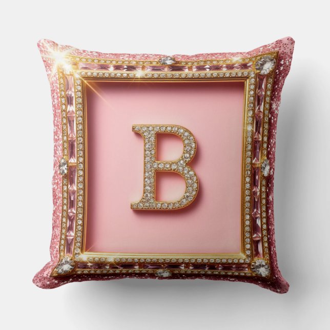 Diamond Initial B Pink Glitter Gold Frame Monogram Cushion (Front)