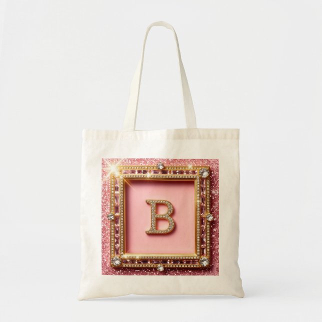 Diamond Initial B Pink Glitter Gold Frame Monogram Tote Bag (Front)