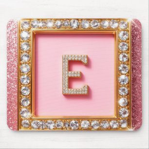 Diamond Initial E Gold Frame Pink Glitter Monogram Mouse Pad