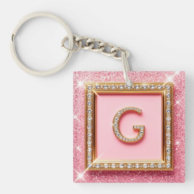 Diamond Initial G Gold Frame Pink Glitter Monogram Key Ring (Front)