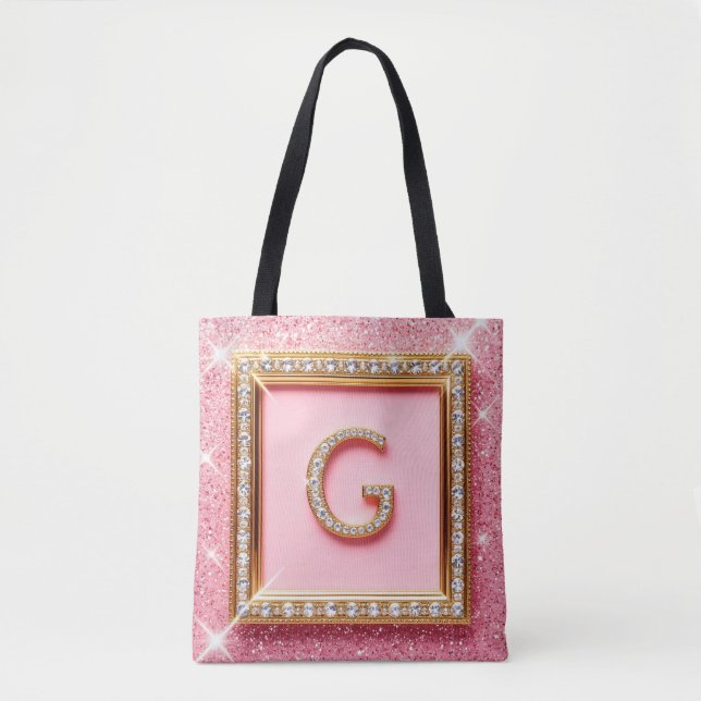 Diamond Initial G Gold Frame Pink Glitter Monogram Tote Bag (Front)