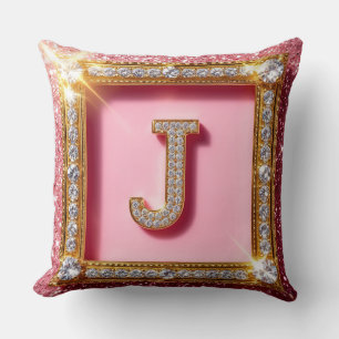 Diamond Initial J Pink Glitter Gold Frame Monogram Cushion