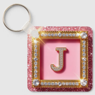 Diamond Initial J Pink Glitter Gold Frame Monogram Key Ring