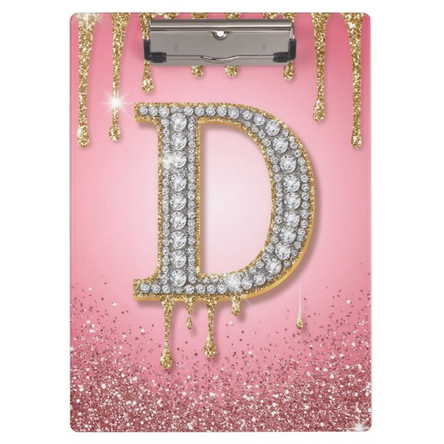 Diamond Initial Letter D Gold Pink Gift For Mum Clipboard (Front)