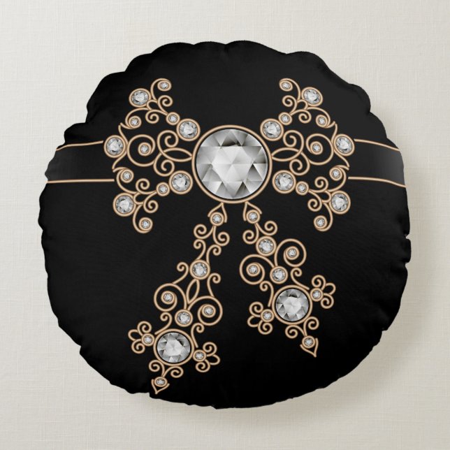 Diamond,jewellery,lace,silver,lace,black,pearls,ch Round Cushion (Front)