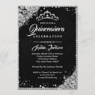 Diamond Lace Sparkle Black Silver Quinceanera Invitation