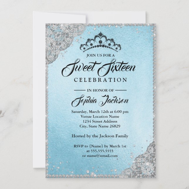 Diamond Lace Sparkle Blue Sweet Sixteen Invitation (Front)