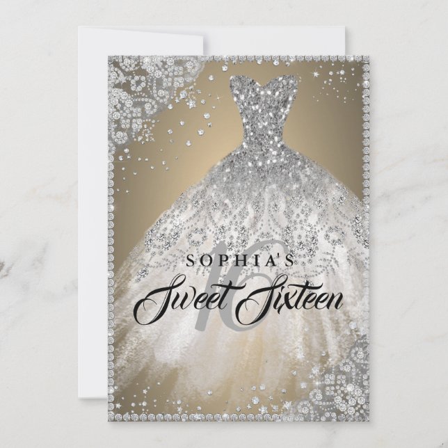 Diamond Lace Sparkle Gown Gold Silver Sweet 16 Invitation (Front)