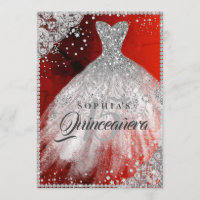 Diamond Lace Sparkle Gown Red Silver Quinceanera
