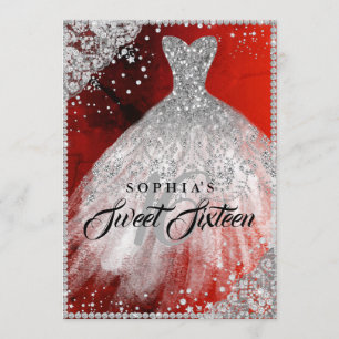Diamond Lace Sparkle Gown Red Sweet Sixteen Invitation