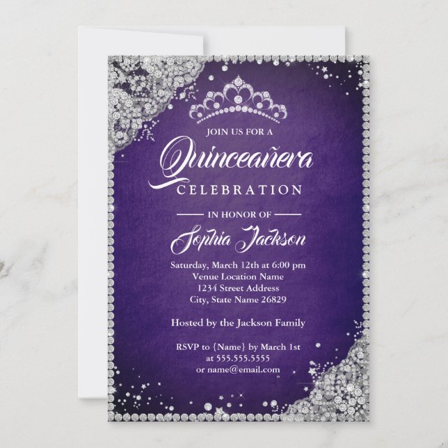 Diamond Lace Sparkle Purple Silver Quinceanera Invitation (Front)