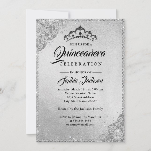 Diamond Lace Sparkle Silver Quinceanera Invitation (Front)