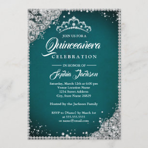 Diamond Lace Sparkle Teal Silver Quinceanera Invitation