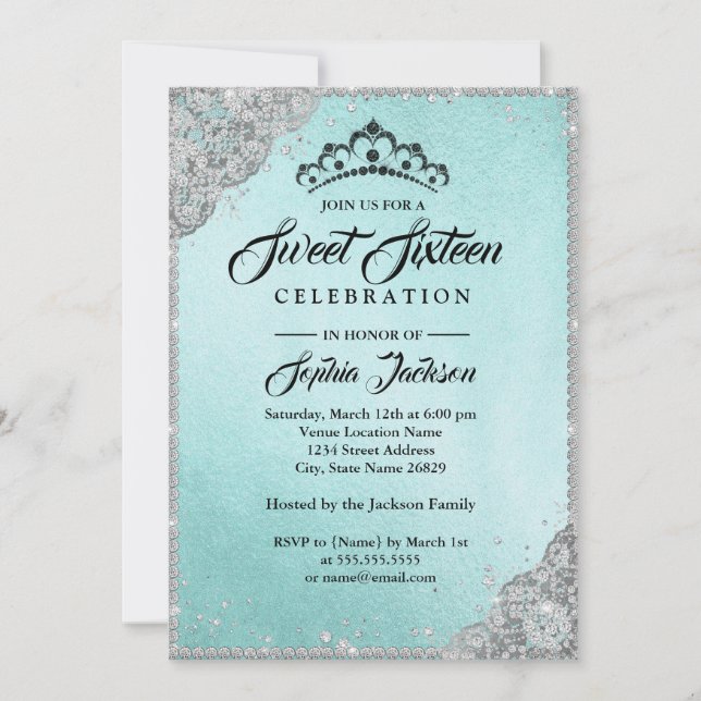 Diamond Lace Sparkle Teal Silver Sweet Sixteen Invitation (Front)