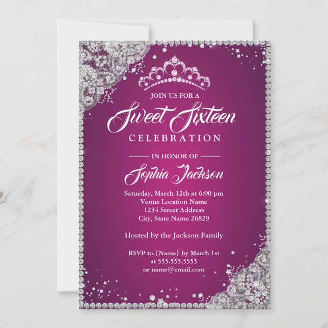 Diamond Lace Sparkle Tiara Pink Silver Sweet 16 Invitation (Front)