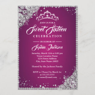 Diamond Lace Sparkle Tiara Pink Silver Sweet 16 Invitation