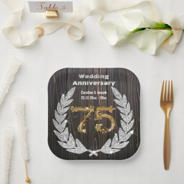 Diamond Laurel & 75TH Gold, Wedding Anniversary Pa Paper Plate (Wedding)