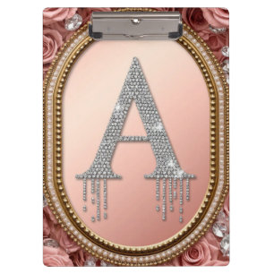 Diamond Letter A Monogram in Gold Frame with Pink Clipboard