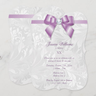Diamond Lilac Bow, Ribbon & Damask Birthday Party Invitation
