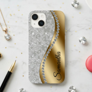Diamond Look Gold Metal Personalised Glam Case-Mate iPhone 14 Case