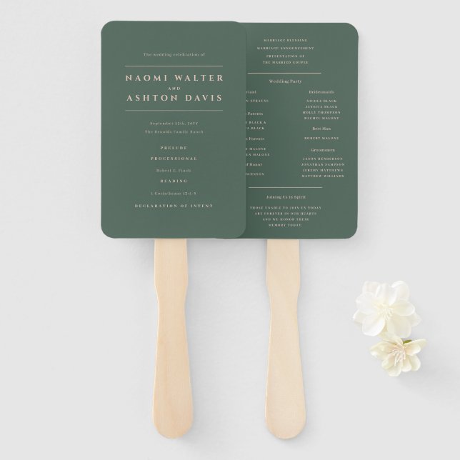 Diamond Monogram Floral Evergreen Wedding Program Hand Fan (Front and Back)