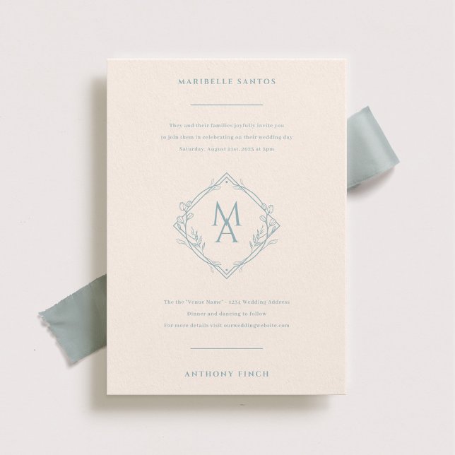 Diamond Monogram With Flowers Dusty Blue Wedding Invitation (Creator Uploaded)